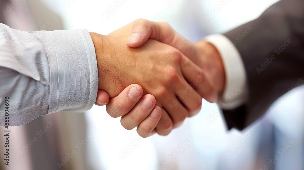 This close-up image captures a firm handshake between two executives, symbolizing a business agreement or partnership This close-up image captures a firm handshake between two executives, symbolizing a business agreement or partnership