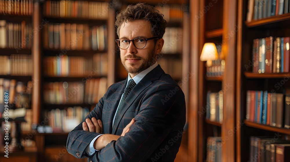 A legal professional strikes a pose for a picture against the backdrop of a book-filled shelf. A legal professional strikes a pose for a picture against the backdrop of a book-filled shelf.