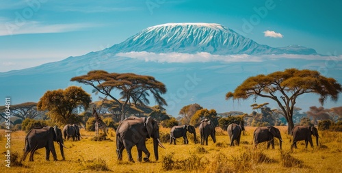 African Elephant Herd Grazing Near Mount Kilimanjaro