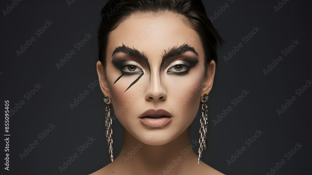 A captivating close-up portrait of a model showcasing a stunning and avant-garde makeup look. A captivating close-up portrait of a model showcasing a stunning and avant-garde makeup look.