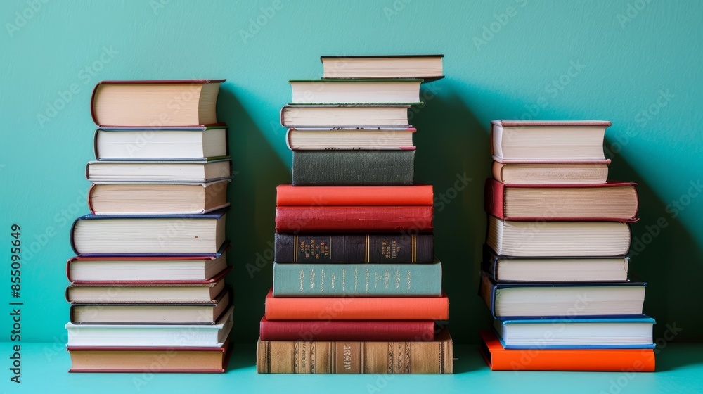 Fototapeta premium Various stacks of books on minimalist flat color background