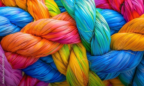 A close-up of a strong, braided rope made of multiple colored strands, symbolizing diverse strength, unity, and teamwork on a vibrant background