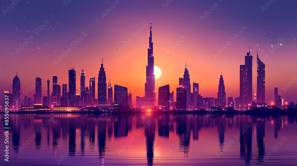 Fototapeta premium Stunning silhouette of a modern city skyline at sunset, with tall skyscrapers reflecting in the calm water in a vibrant evening hues.
