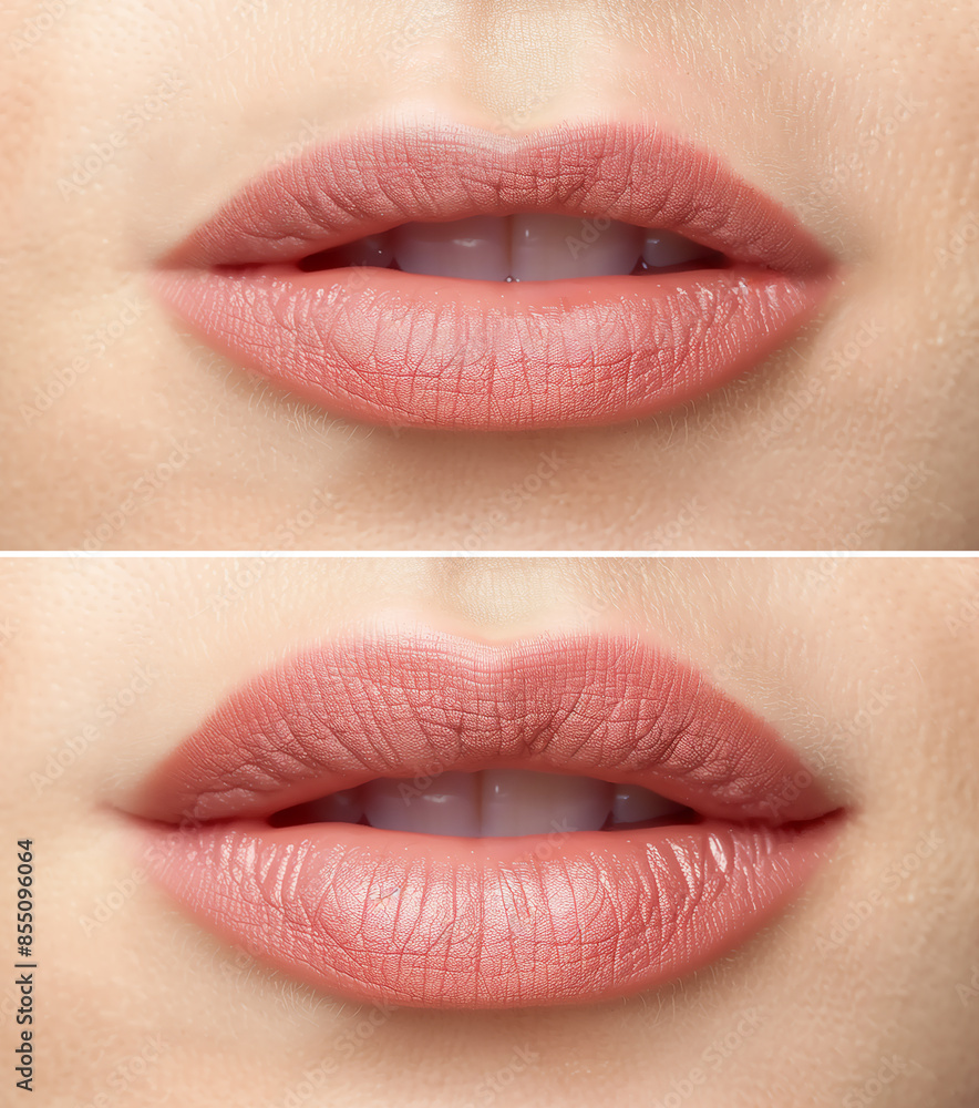 Fototapeta premium Collage of 2 photographs of women's lips before and after a cosmetic procedure. Beauty and cosmetic services concept. Design for beauty magazine, poster or banner.