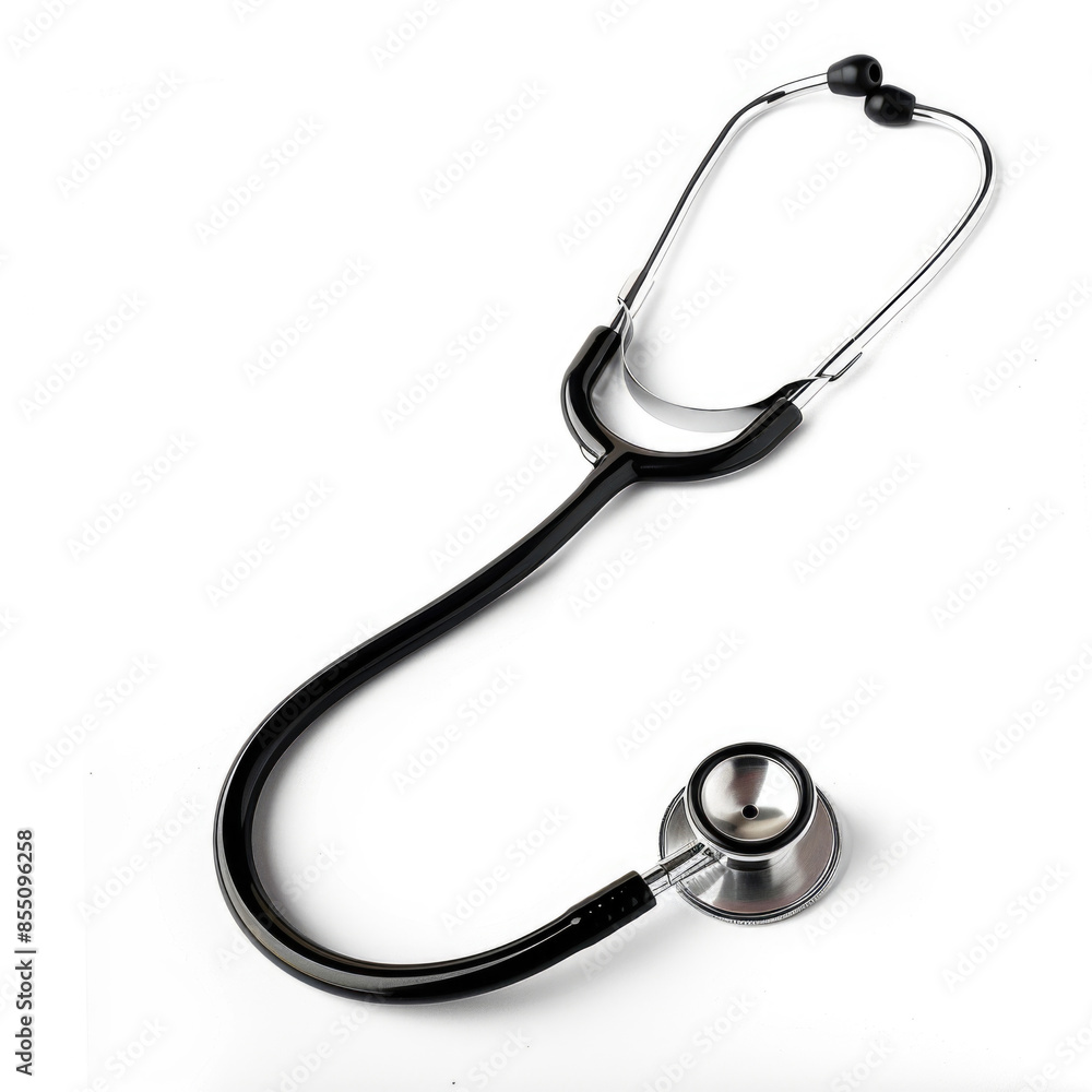 High-Quality Image of a Black Stethoscope on a White Background - Medical Equipment, Healthcare, Doctor's Tool, Professional Instrument for Diagnosis and Examination High-Quality Image of a Black Stethoscope on a White Background - Medical Equipment, Healthcare, Doctor's Tool, Professional Instrument for Diagnosis and Examination