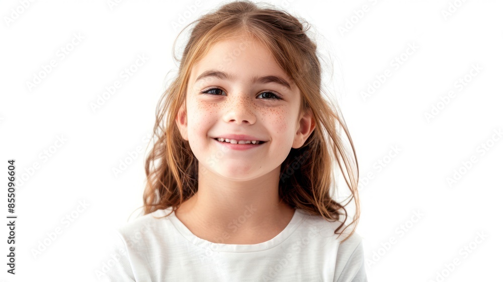 A cheerful girl with a mischievous grin, evoking the playful spirit of youth. isolated white background A cheerful girl with a mischievous grin, evoking the playful spirit of youth. isolated white background