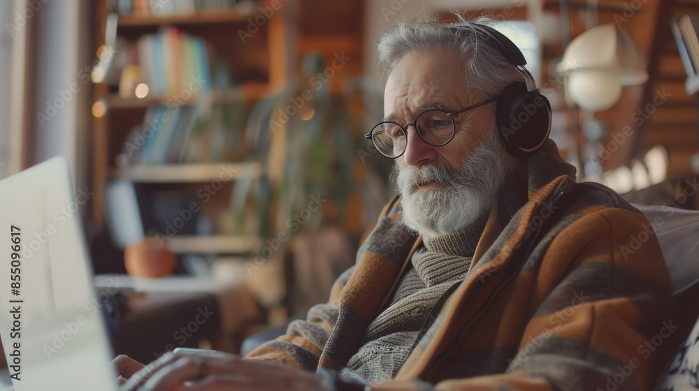 Senior man enjoying music while working on laptop in a cozy home environment, headphones and productivity Senior man enjoying music while working on laptop in a cozy home environment, headphones and productivity