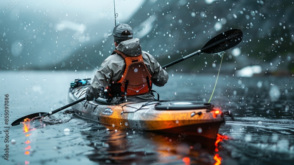 Naklejka premium A lone kayaker paddles through a snowy and rainy mountain lake.