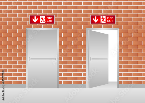 Emergency Fire Exit Door. Exit Door. Fire Exit Sign Over the Door. Vector Illustration.