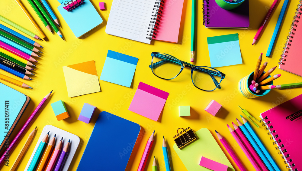 Fototapeta premium various office objects on a yellow background for text