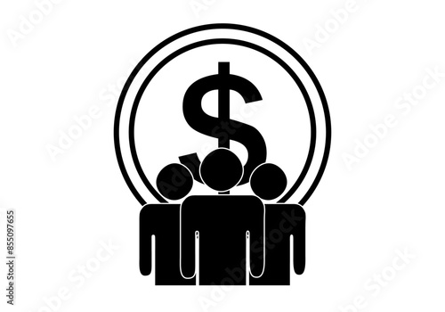 Icono negro de grupo de personas poderosas delante de moneda de dólar representando e poder económico