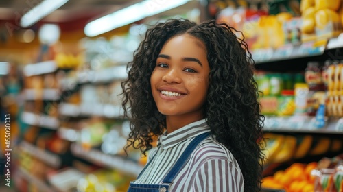 Portrait of cheerful young african american grocery store female worker young woman manager wearing apron smiling at camera with colorful vegetables on shelves © Wendy2001