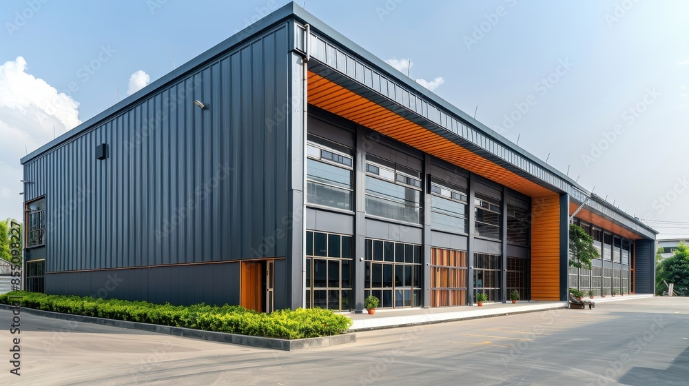 Exterior of a modern warehouse with a small office unit Exterior of a modern warehouse with a small office unit
