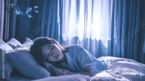 sleep hygiene is important for a child's health, as seen in this image featuring a blue and white bed with a white pillow and a white and blue shirt the child's © Boraryn
