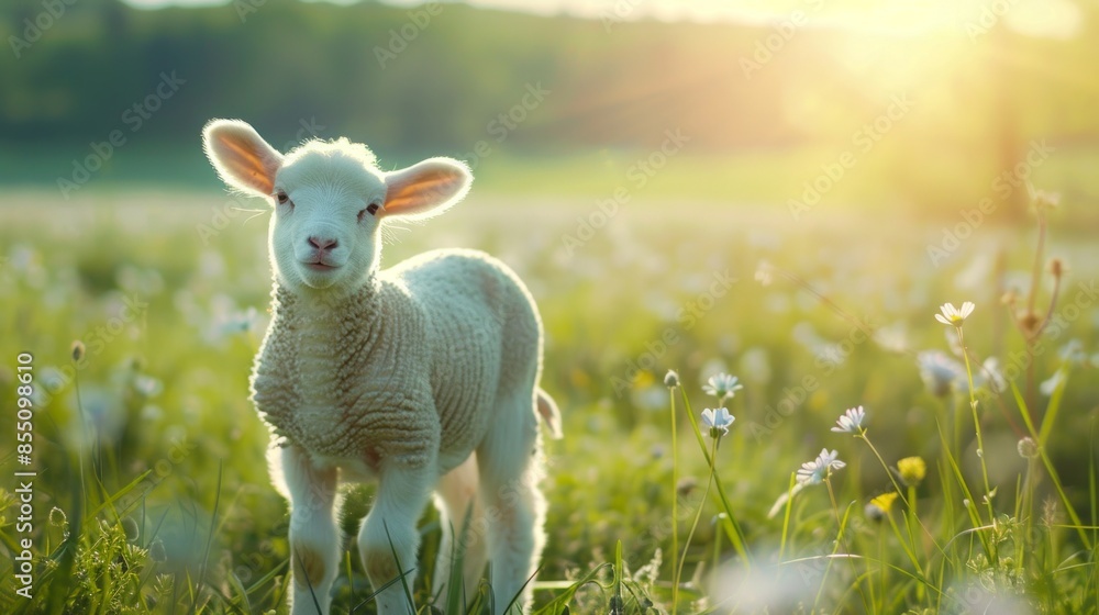 Serene lamb resting amid blooming flowers on a sunlit hillside, capturing nature's tranquility and charm. Serene lamb resting amid blooming flowers on a sunlit hillside, capturing nature's tranquility and charm.