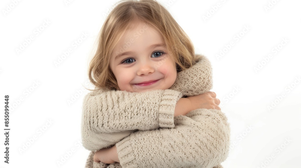 A precious girl with arms wrapped around herself, exuding a sense of comfort and security. isolated white background A precious girl with arms wrapped around herself, exuding a sense of comfort and security. isolated white background
