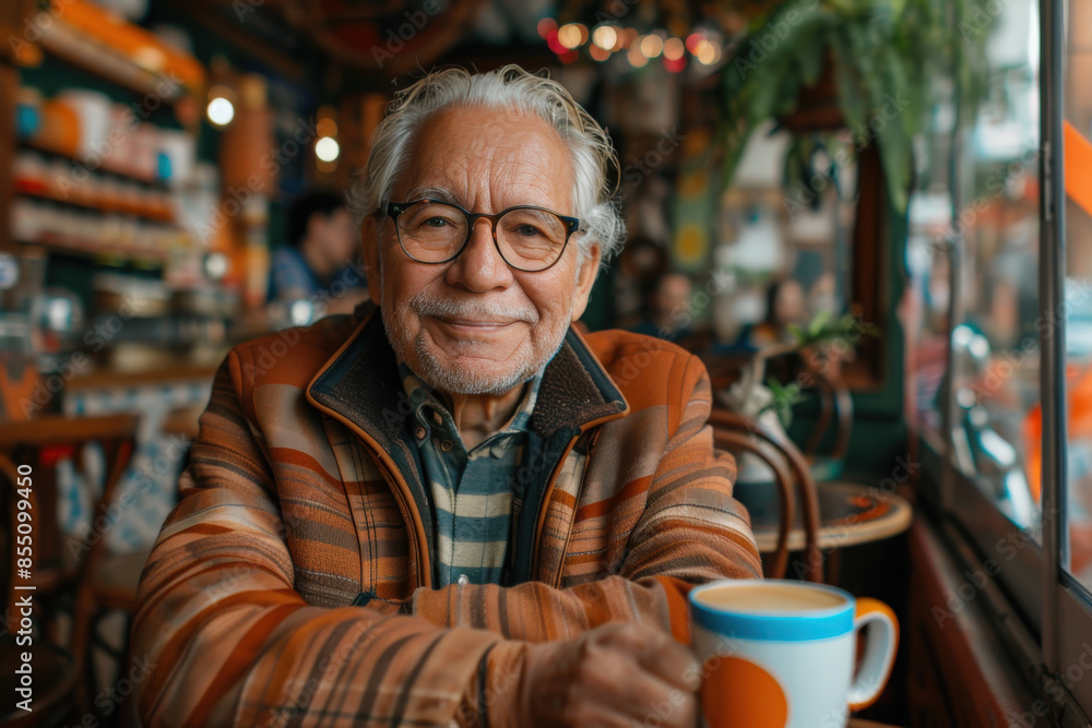 Senior Man Enjoying Coffee in Cozy Cafe Senior Man Enjoying Coffee in Cozy Cafe