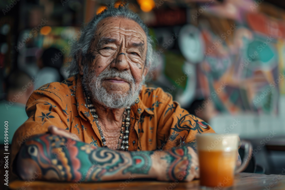 Elderly Man with Tattoos in Cozy Café Setting Elderly Man with Tattoos in Cozy Café Setting