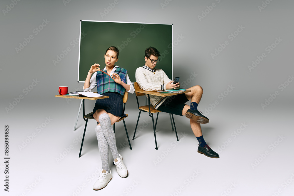 Fototapeta premium Two young students sitting at a desk in front of a green board in a college classroom.
