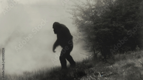 Bigfoot walking away in a foggy forest, a cryptid sighting