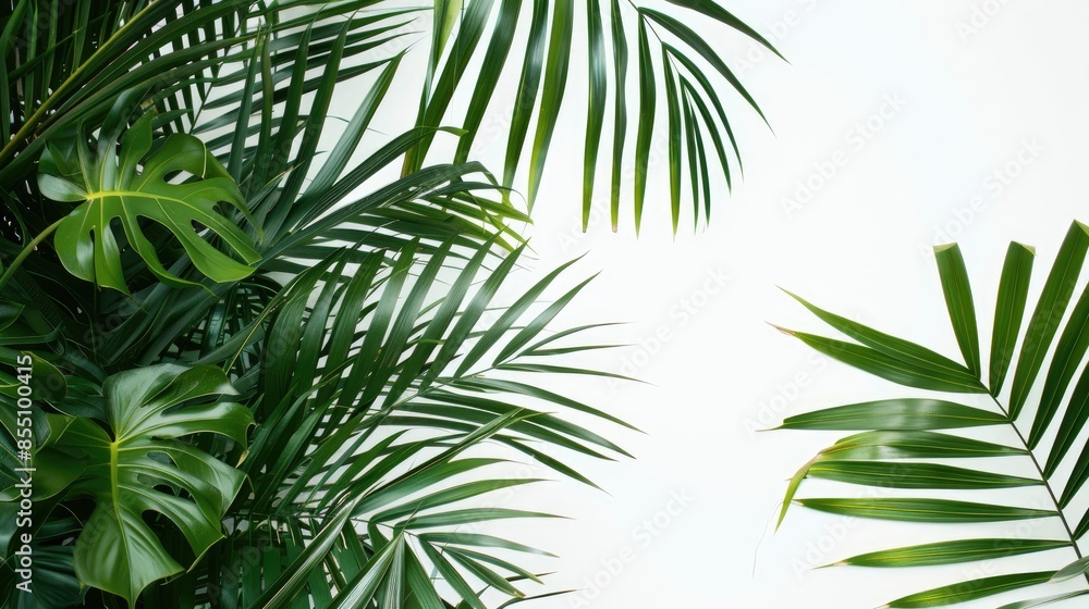 Trendy jungle concept with green palm leaf on white backdrop Trendy jungle concept with green palm leaf on white backdrop