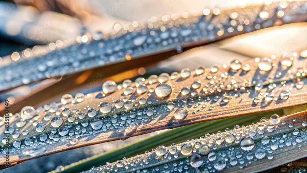 Macro image of a dew-covered grass blade, glistening in the early morning light Macro image of a dew-covered grass blade, glistening in the early morning light