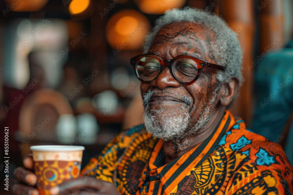 Content Elderly Man Enjoying Coffee in Vibrant Setting Content Elderly Man Enjoying Coffee in Vibrant Setting