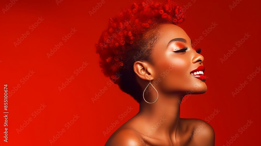 Beautiful, sexy, happy smiling dark-skinned African American woman with perfect skin and red hair, on a red background, banner. Beautiful, sexy, happy smiling dark-skinned African American woman with perfect skin and red hair, on a red background, banner.