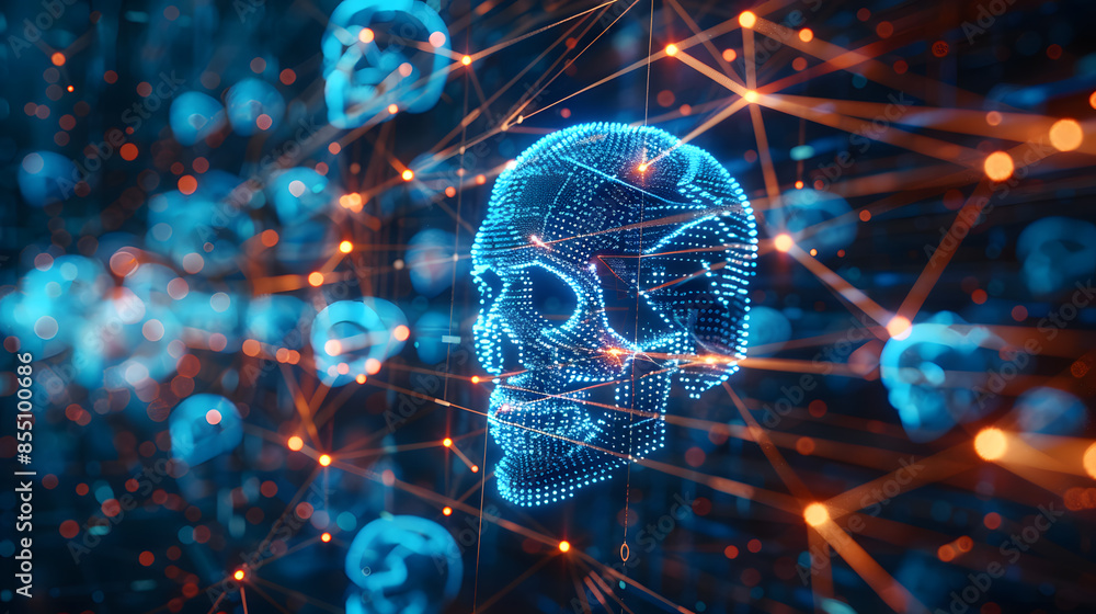 Abstract blue digital skull formed by a network of connections, surrounded by floating hacking email icons, symbolizing cyber threats and security. Abstract blue digital skull formed by a network of connections, surrounded by floating hacking email icons, symbolizing cyber threats and security.