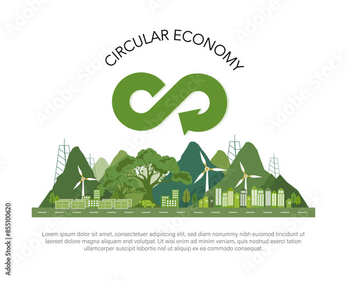 Circular economy illustration set. Sustainable economic growth strategy, recourses reuse and reduce co2 emission and climate impact. Vector illustration.