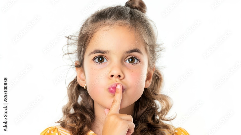 An endearing kid with a finger to her lips, as if sharing a secret with the viewer. isolated white background An endearing kid with a finger to her lips, as if sharing a secret with the viewer. isolated white background