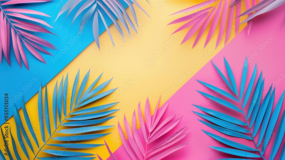 Vibrant composition with blue, pink, and yellow palm leaves on a diagonal background. Vibrant composition with blue, pink, and yellow palm leaves on a diagonal background.