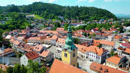 This cozy city of Samobor is beautifully captured from above, showcasing its charming streets, historic buildings, and lush greenery. Known for its picturesque old town and vibrant cultural life photo