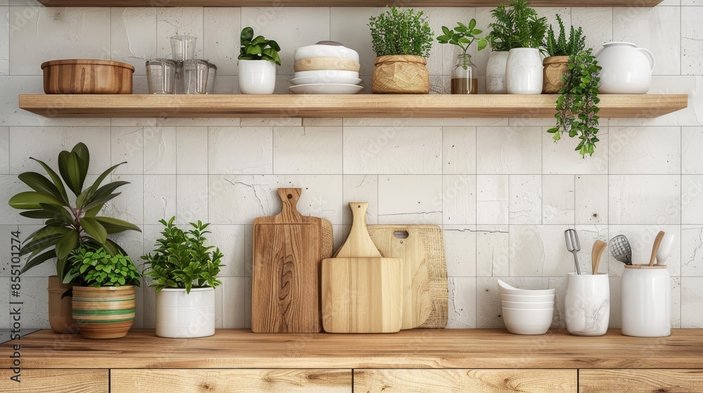 a modern kitchen space featuring wooden utensils and aprons neatly arranged on a hanger, set against a pristine white tile backdrop, showcasing eco-friendly and sustainable living aesthetics.