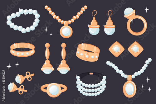 Jewelry icons set isolated. Gold Jewellery accessories with pearls.Vintage jewel stones, rings, earrings, bracelet, necklace, golden chain. Luxury bijouterie. Vector for jewelry shop, marriage, gift