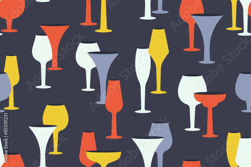 Fashion Glasses seamless pattern on black background. Fashion minimalist design. Silhouettes of  Wineglasses, alcohol Drinks, cocktails, champagne, martini, wine. Vector illustration