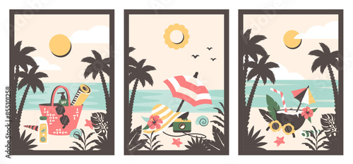 Summer weekend. Landscapes. Vintage background with tropical beach, palms, cocktail in coconut, sunhat, umbrella, camera, lemonade, sunscreen bottles. Set of summer retro posters.Vector illustration
