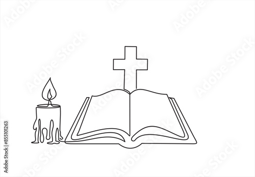 Continuous one line drawing silhouette of Bible and candle. Bible linear icon. One line drawing background. Vector illustration. Line art of Bible