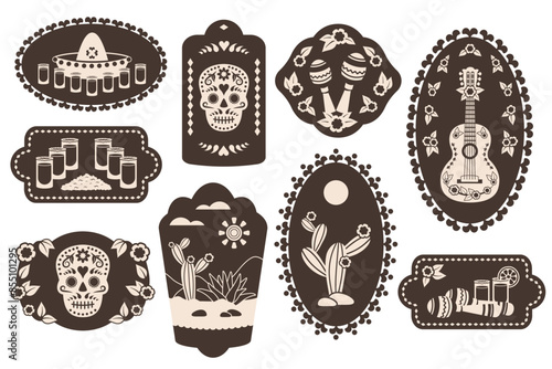 Set of Tequila sticker. Vertical oval Vintage labels with Mexican national elements. Tequila shots. Maracas, guitar, skull, glasses, cactus, hat. Vector illustration for restaurant, menu, bar