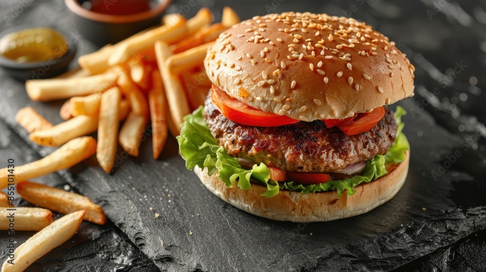 Traditional burger with french fries Traditional burger with french fries