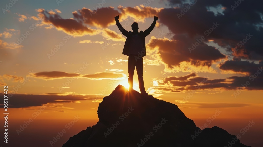 An uplifting image of a happy businessman's silhouette against the twilight sky, expressing joy and satisfaction at reaching the summit of a mountain at sunset. An uplifting image of a happy businessman's silhouette against the twilight sky, expressing joy and satisfaction at reaching the summit of a mountain at sunset.