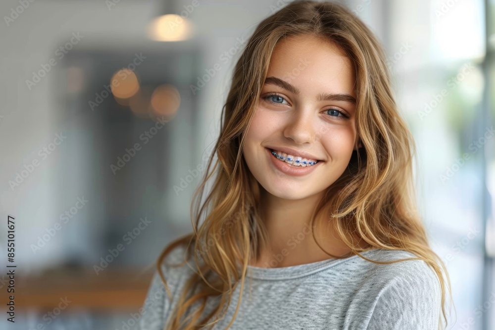 Smiling girl with braces in casual outfit. Studio portrait for social media and advertising concept. Smiling girl with braces in casual outfit. Studio portrait for social media and advertising concept.