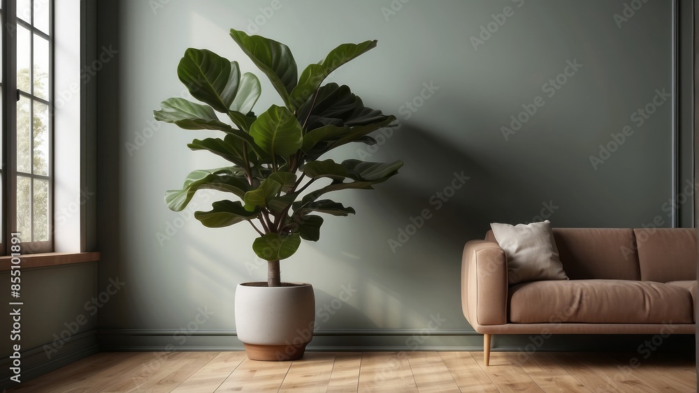 Fototapeta premium Interior home of living room with brown sofa and plant on sage green wall