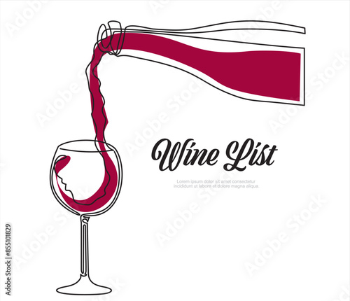 Wine list. Continuous One line drawing of Prosecco glass. The process of pouring wine into a glass. Pours champagne from a bottle into a glass. Line art.Illustration with quote template. 