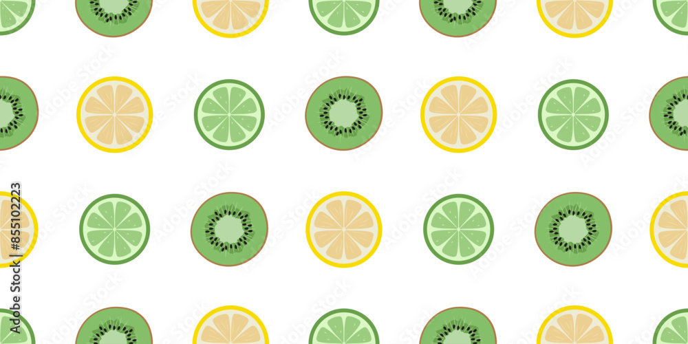 Seamless fruit pattern with kiwi, lemon and lime slices. Vector illustration on white background.