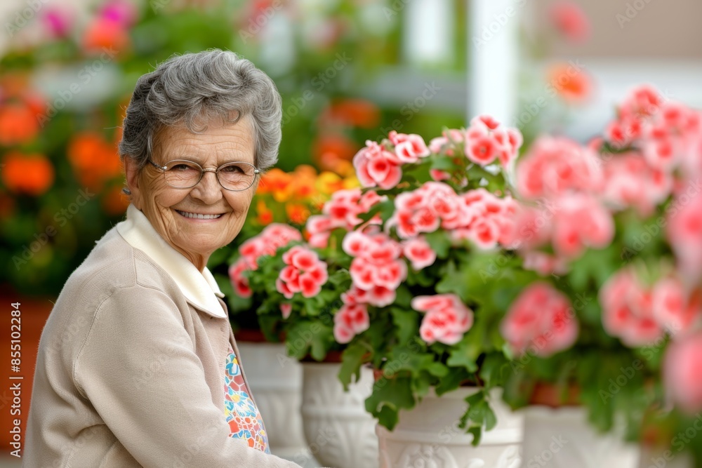 Fototapeta premium Elderly woman smiling among vibrant pink begonia flowers