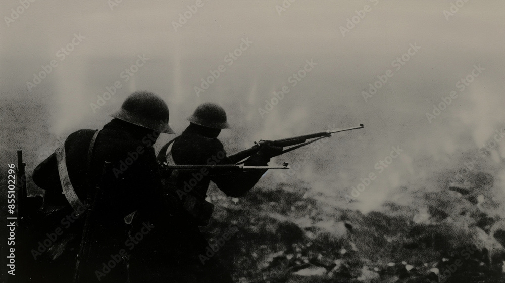 Two soldiers aiming rifles during world war one battle Two soldiers aiming rifles during world war one battle