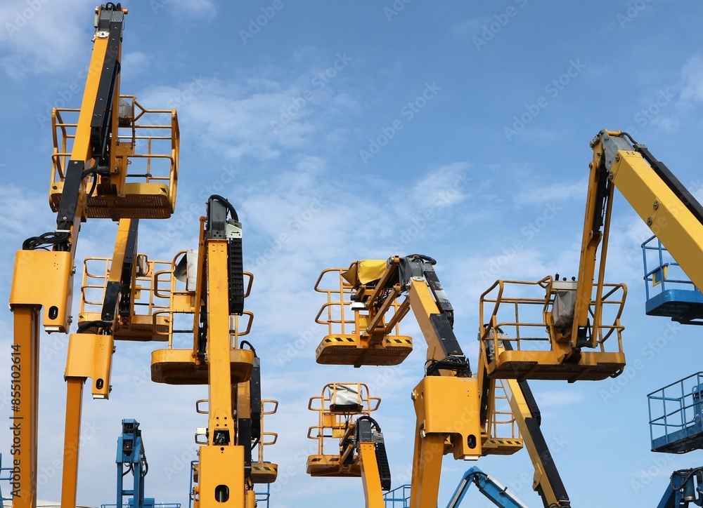 Rear view of manywork platforms of cherry pickers in a row. Blue cloudy sky on background. Rear view of manywork platforms of cherry pickers in a row. Blue cloudy sky on background.