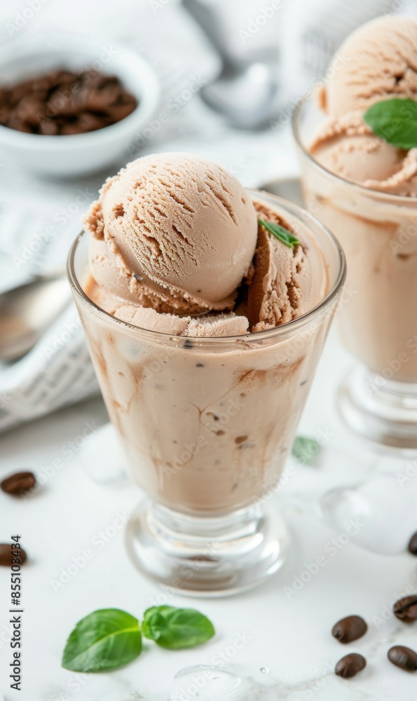 A glass of ice cream with a spoon on top A glass of ice cream with a spoon on top