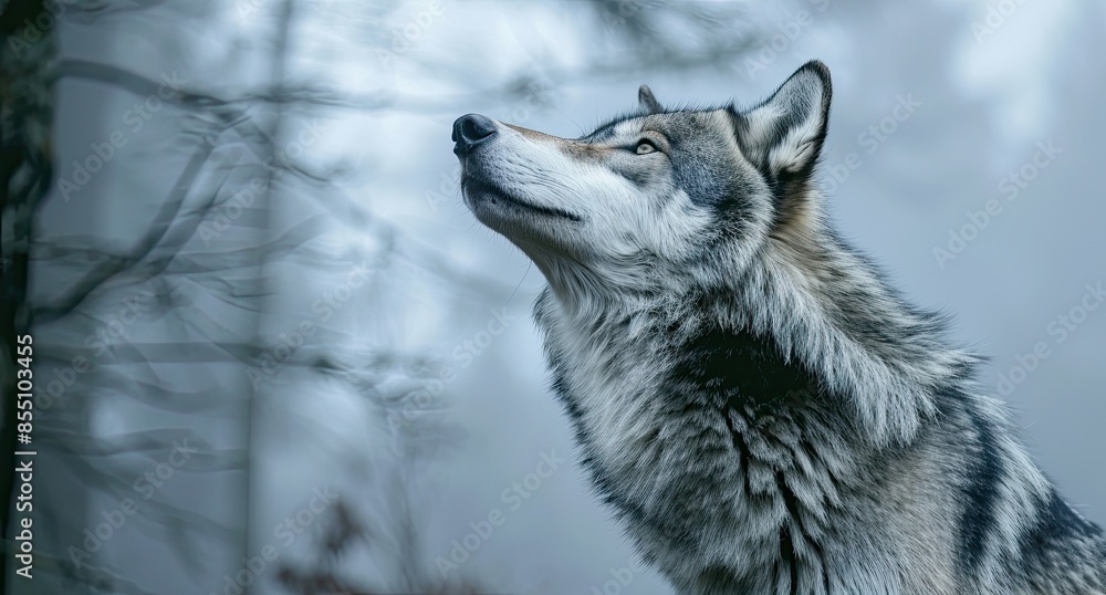 Naklejka premium Gray wild wolf looking up, mystic junglecore, balance, scoutcore wild nature